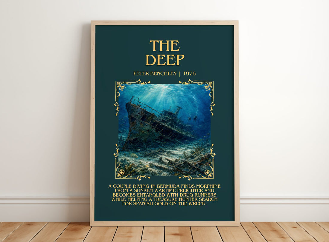 The Deep Minimalist Book Poster by Peter Benchley – framed print leaning on a wooden floor