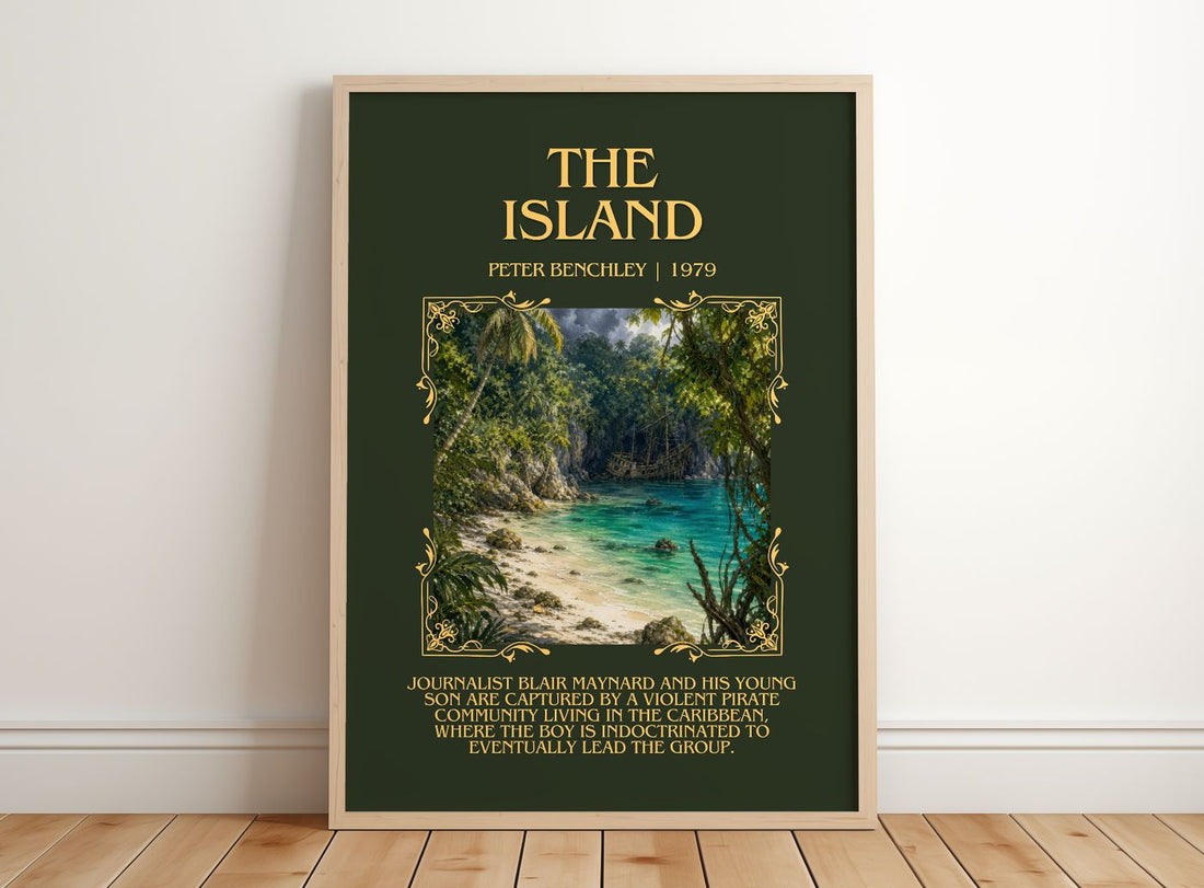 The Island Minimalist Book Poster by Peter Benchley – framed print leaning on a wooden floor
