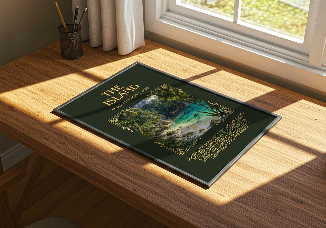 The Island Minimalist Book Poster by Peter Benchley – print on a sunlit desk