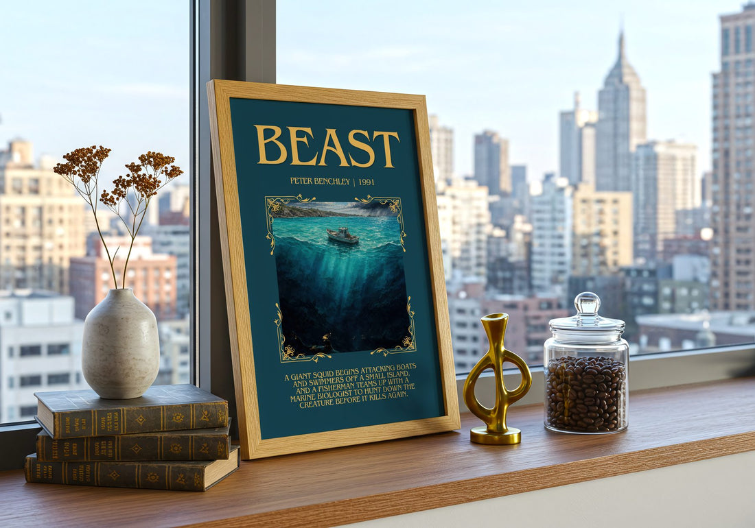Beast Minimalist Book Poster by Peter Benchley – framed print on a city-view windowsill