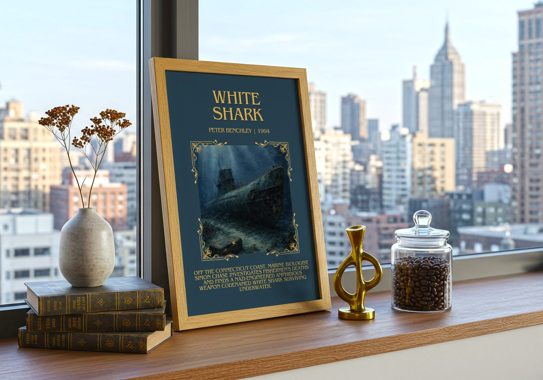 White Shark Minimalist Book Poster by Peter Benchley – framed print on a city-view windowsill