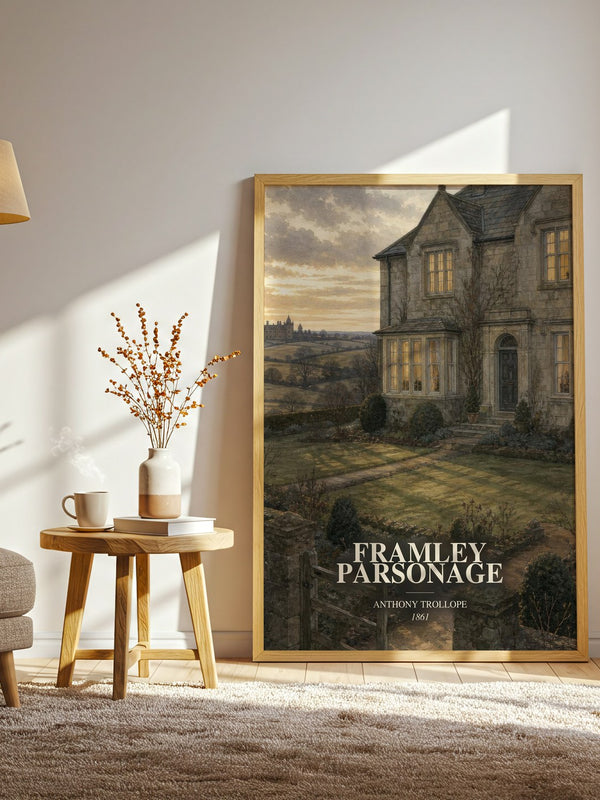 Framley Parsonage watercolour print in frame leaning in hallway – classic literature wall art