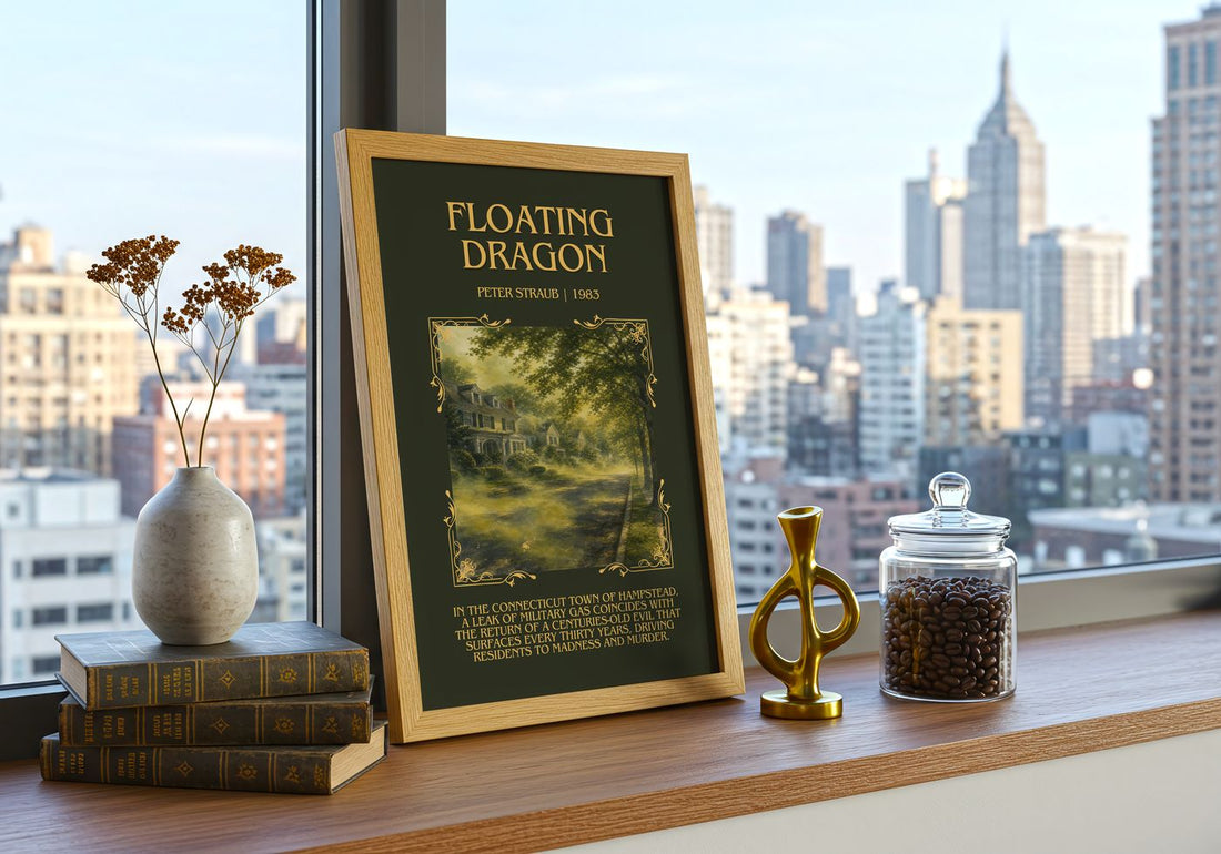 Floating Dragon Minimalist Book Poster by Peter Straub – framed print on a city-view windowsill