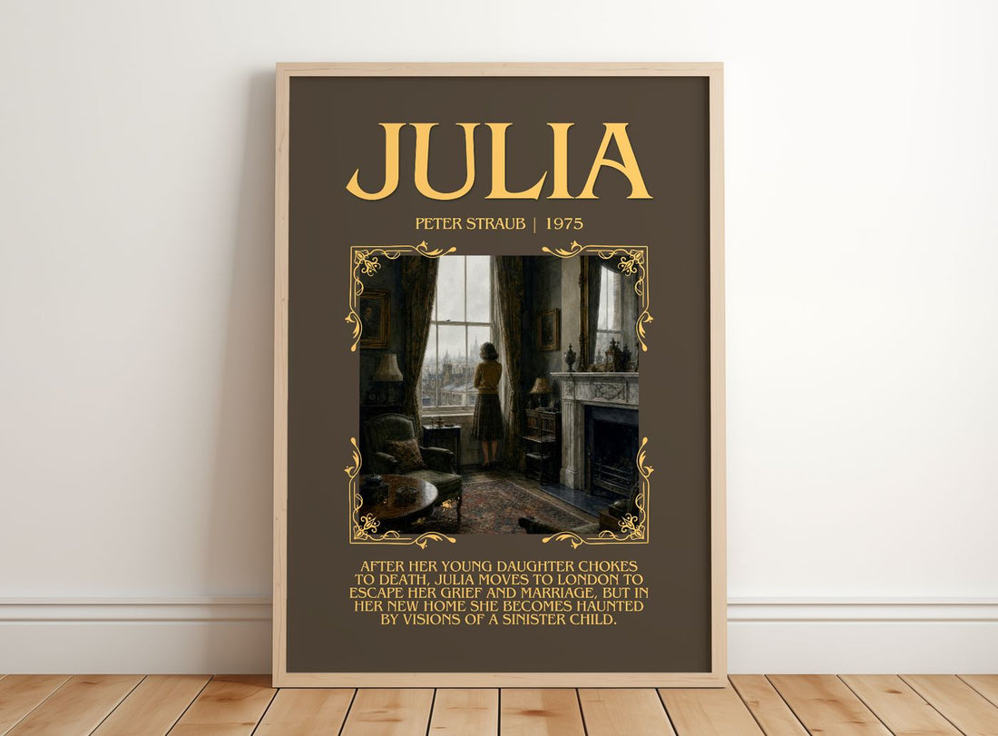 Julia Minimalist Book Poster by Peter Straub – framed print leaning on a wooden floor