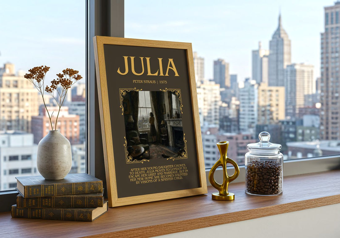 Julia Minimalist Book Poster by Peter Straub – framed print on a city-view windowsill