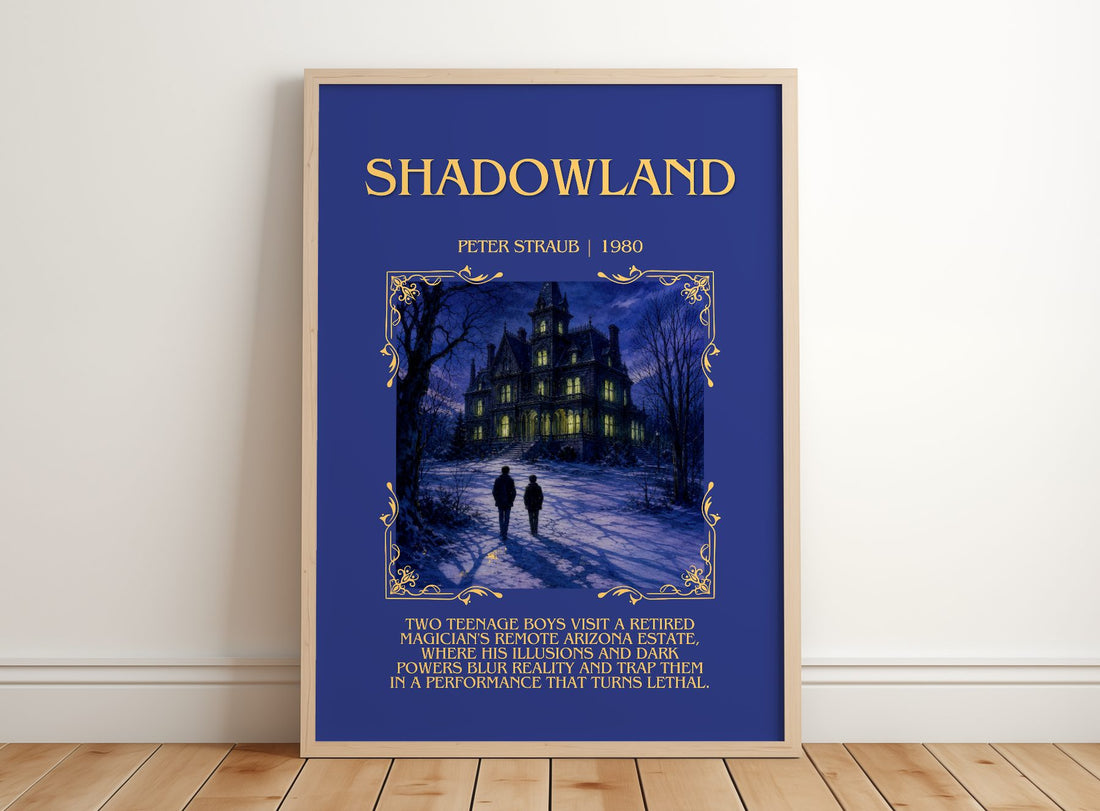 Shadowland Minimalist Book Poster by Peter Straub – framed print leaning on a wooden floor