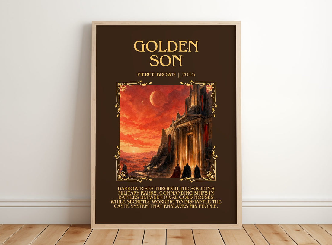 Golden Son Minimalist Book Poster by Pierce Brown – framed print leaning on a wooden floor