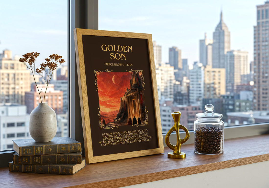 Golden Son Minimalist Book Poster by Pierce Brown – framed print on a city-view windowsill