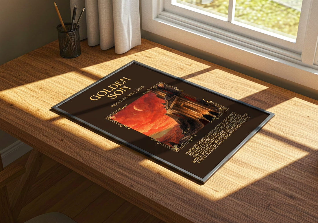 Golden Son Minimalist Book Poster by Pierce Brown – print on a sunlit desk