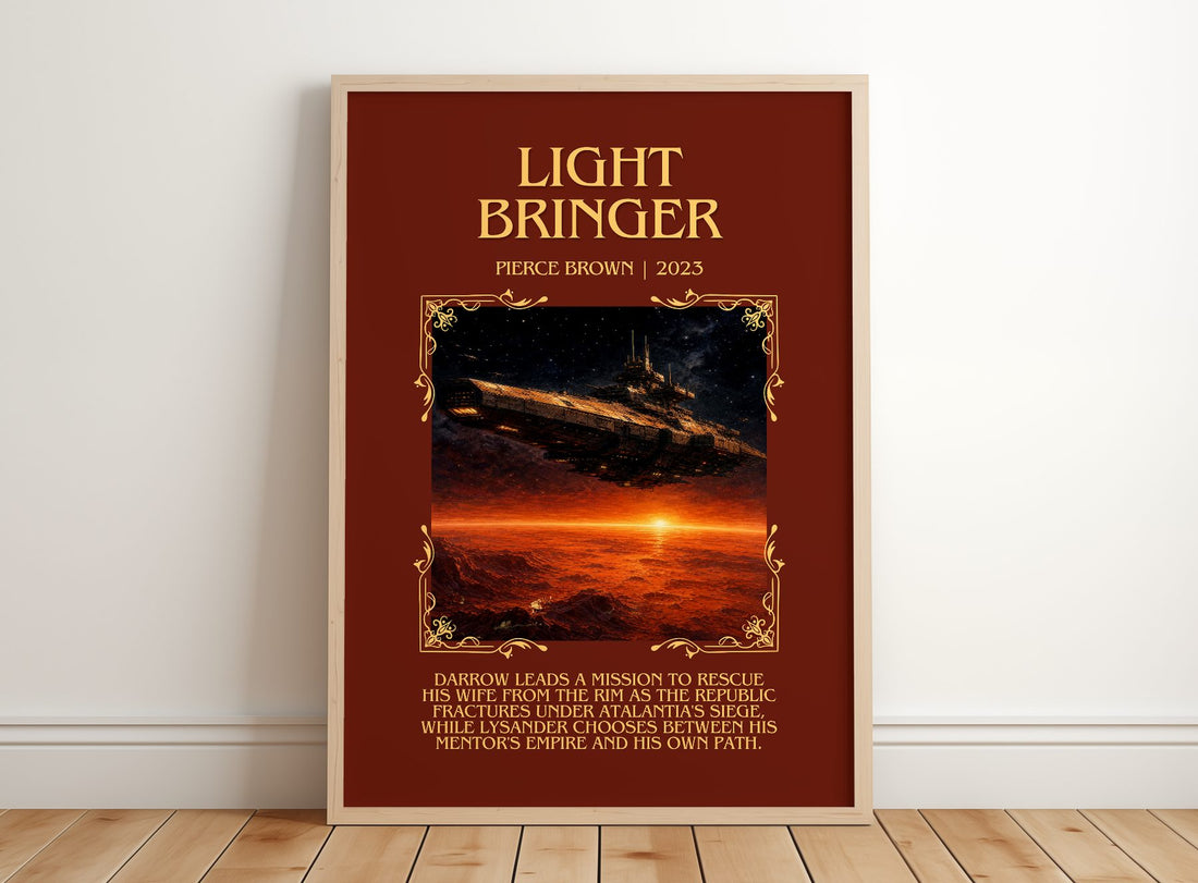Light Bringer Minimalist Book Poster by Pierce Brown – framed print leaning on a wooden floor
