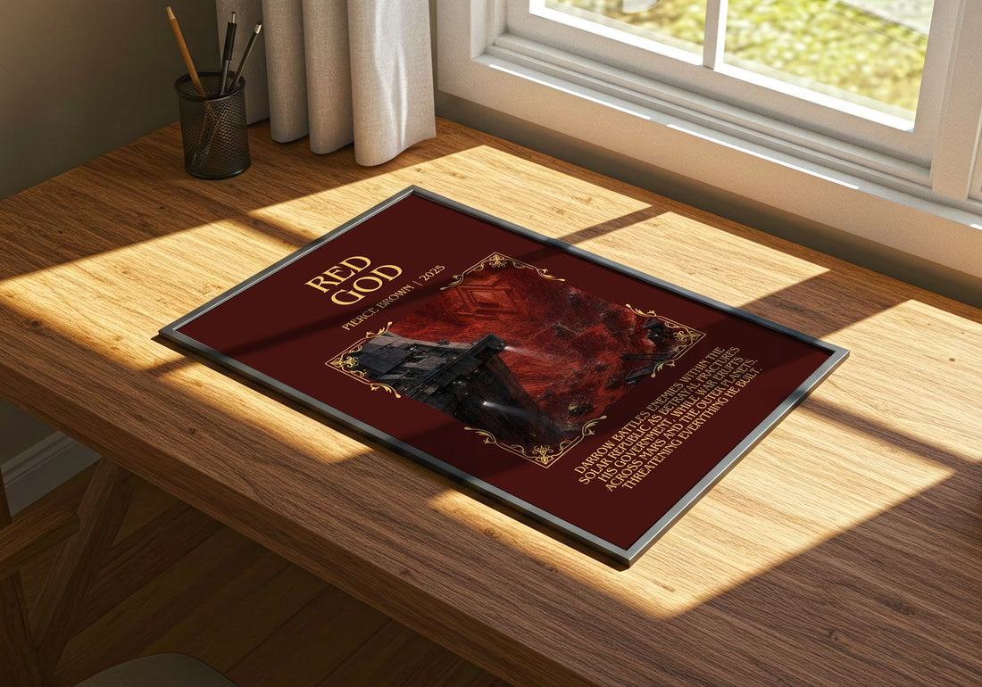 Red God Minimalist Book Poster by Pierce Brown – print on a sunlit desk