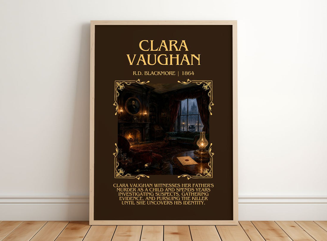 Clara Vaughan Minimalist Book Poster by R.D. Blackmore – framed print leaning on a wooden floor