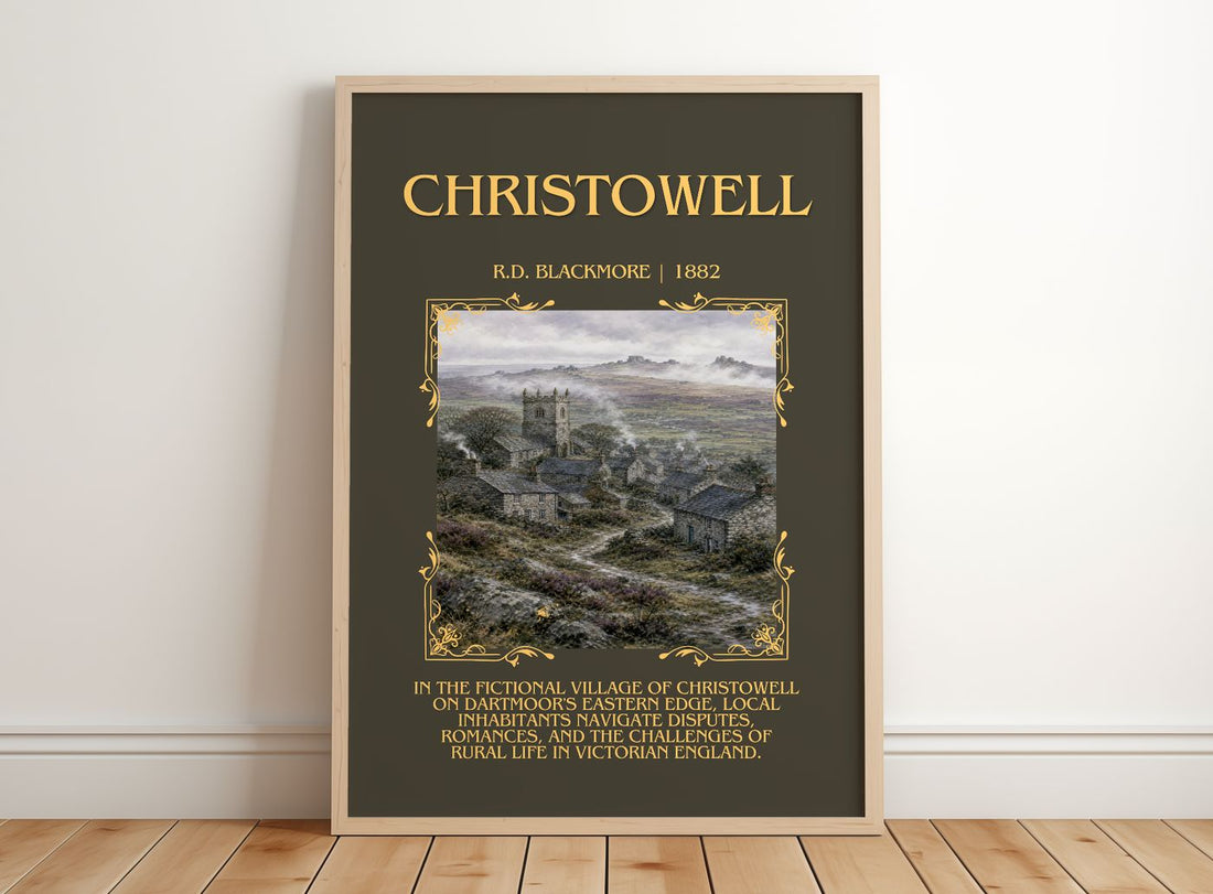 Christowell Minimalist Book Poster by R.D. Blackmore – framed print leaning on a wooden floor