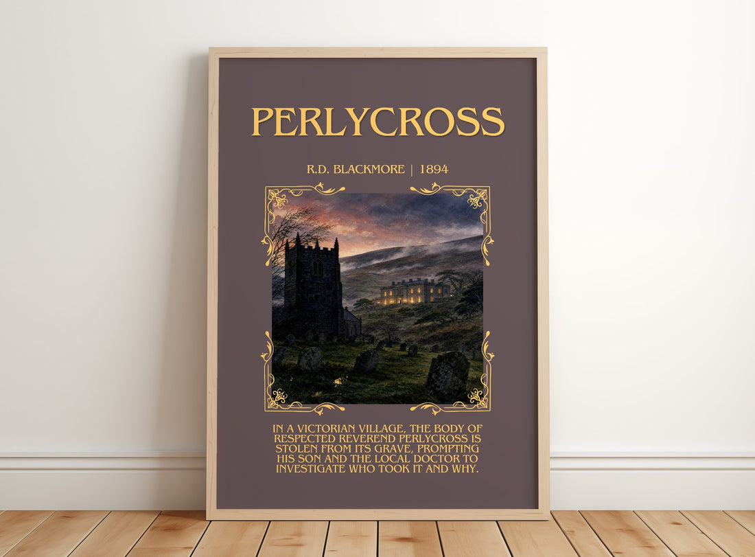 Perlycross Minimalist Book Poster by R.D. Blackmore – framed print leaning on a wooden floor