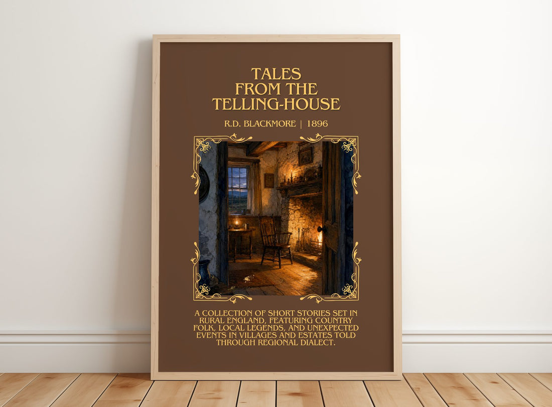 Tales From The Telling-House Minimalist Book Poster by R.D. Blackmore – framed print leaning on a wooden floor