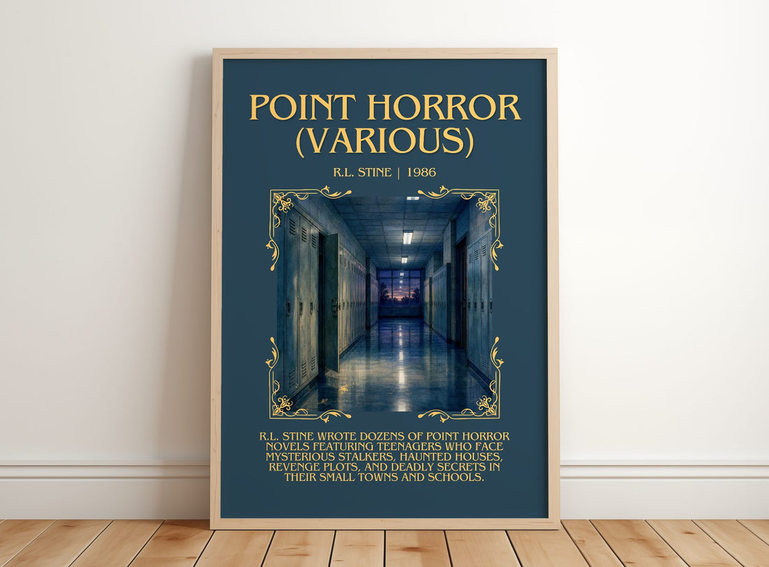 Point Horror (Various) Minimalist Book Poster by R.L. Stine – framed print leaning on a wooden floor