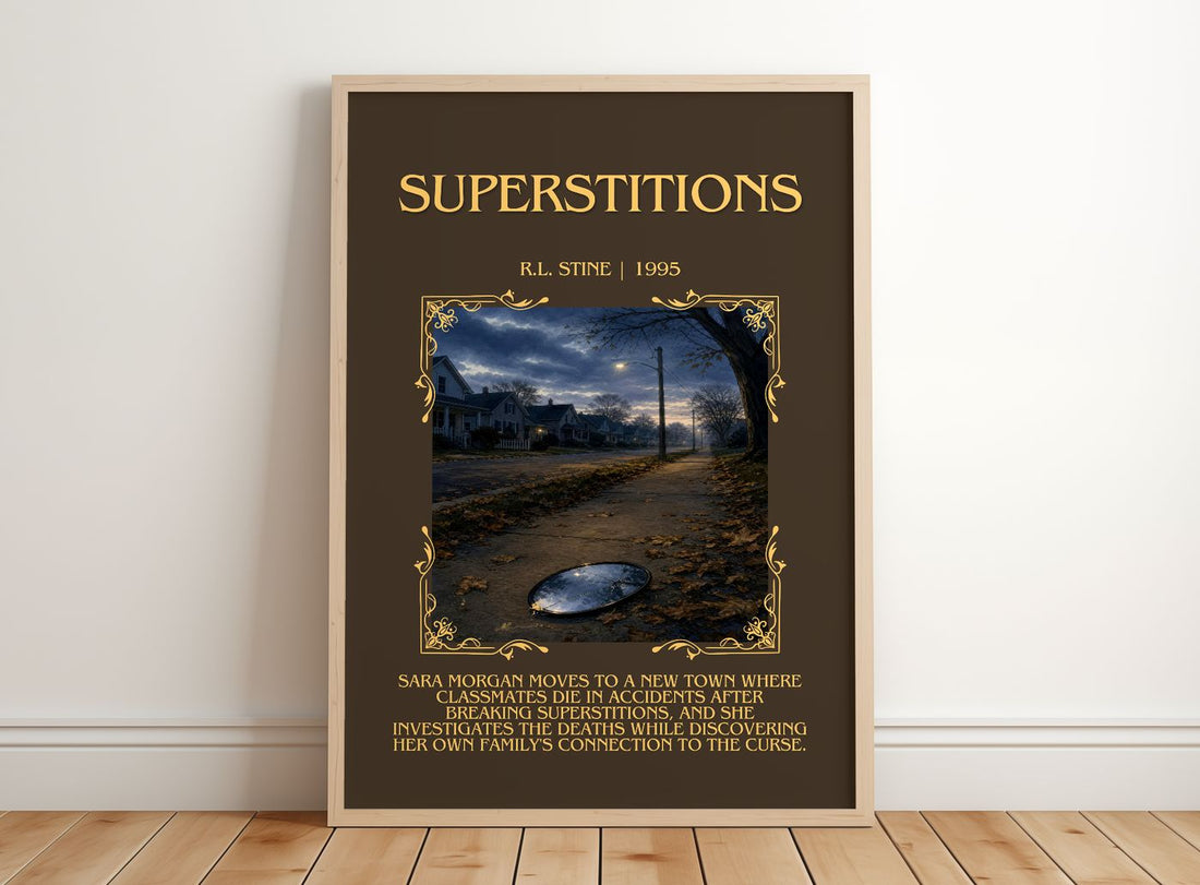 Superstitions Minimalist Book Poster by R.L. Stine – framed print leaning on a wooden floor