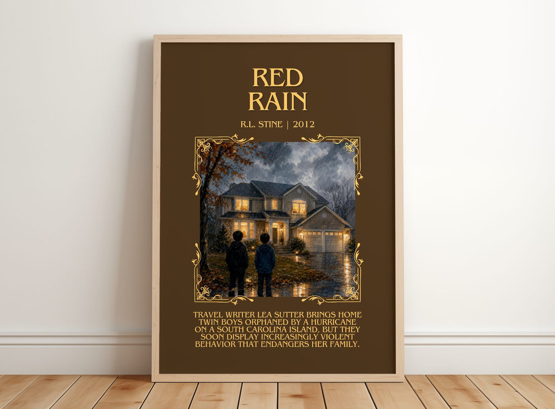 Red Rain Minimalist Book Poster by R.L. Stine – framed print leaning on a wooden floor