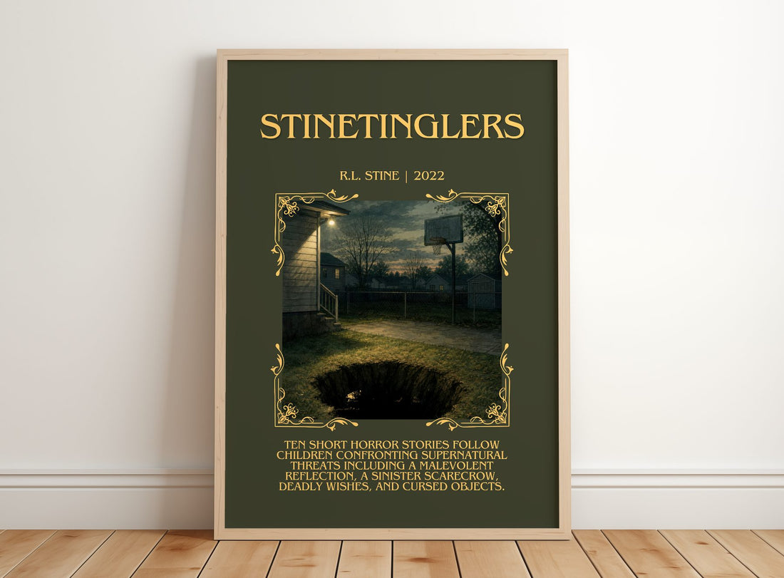 Stinetinglers Minimalist Book Poster by R.L. Stine – framed print leaning on a wooden floor