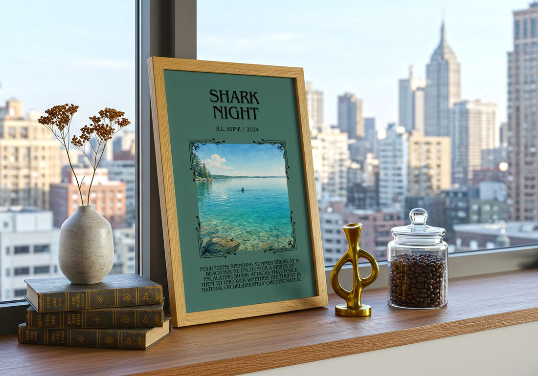 Shark Night Minimalist Book Poster by R.L. Stine – framed print on a city-view windowsill