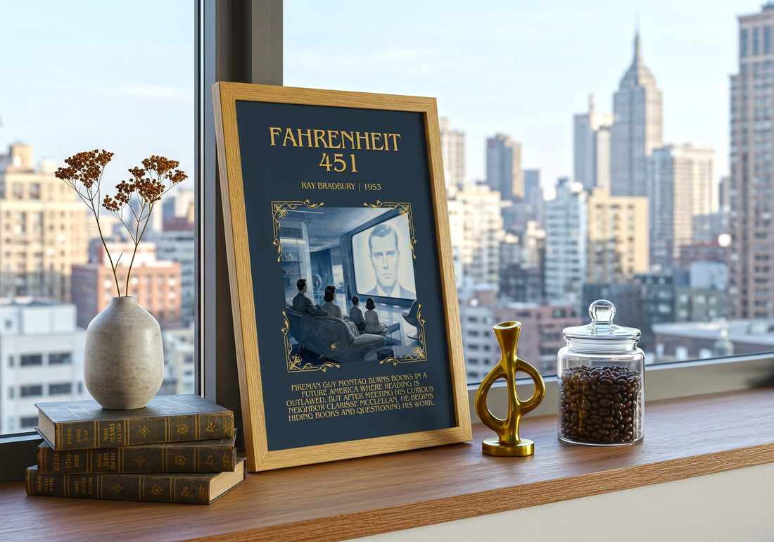 Fahrenheit 451 Minimalist Book Poster by Ray Bradbury – framed print on a city-view windowsill