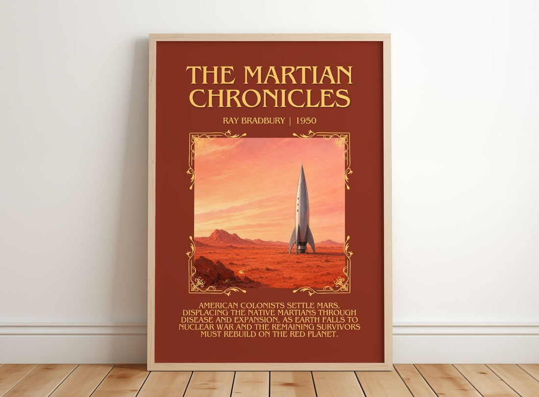 The Martian Chronicles Minimalist Book Poster by Ray Bradbury – framed print leaning on a wooden floor