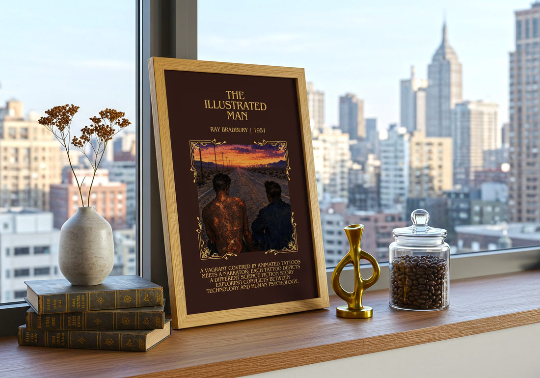The Illustrated Man Minimalist Book Poster by Ray Bradbury – framed print on a city-view windowsill