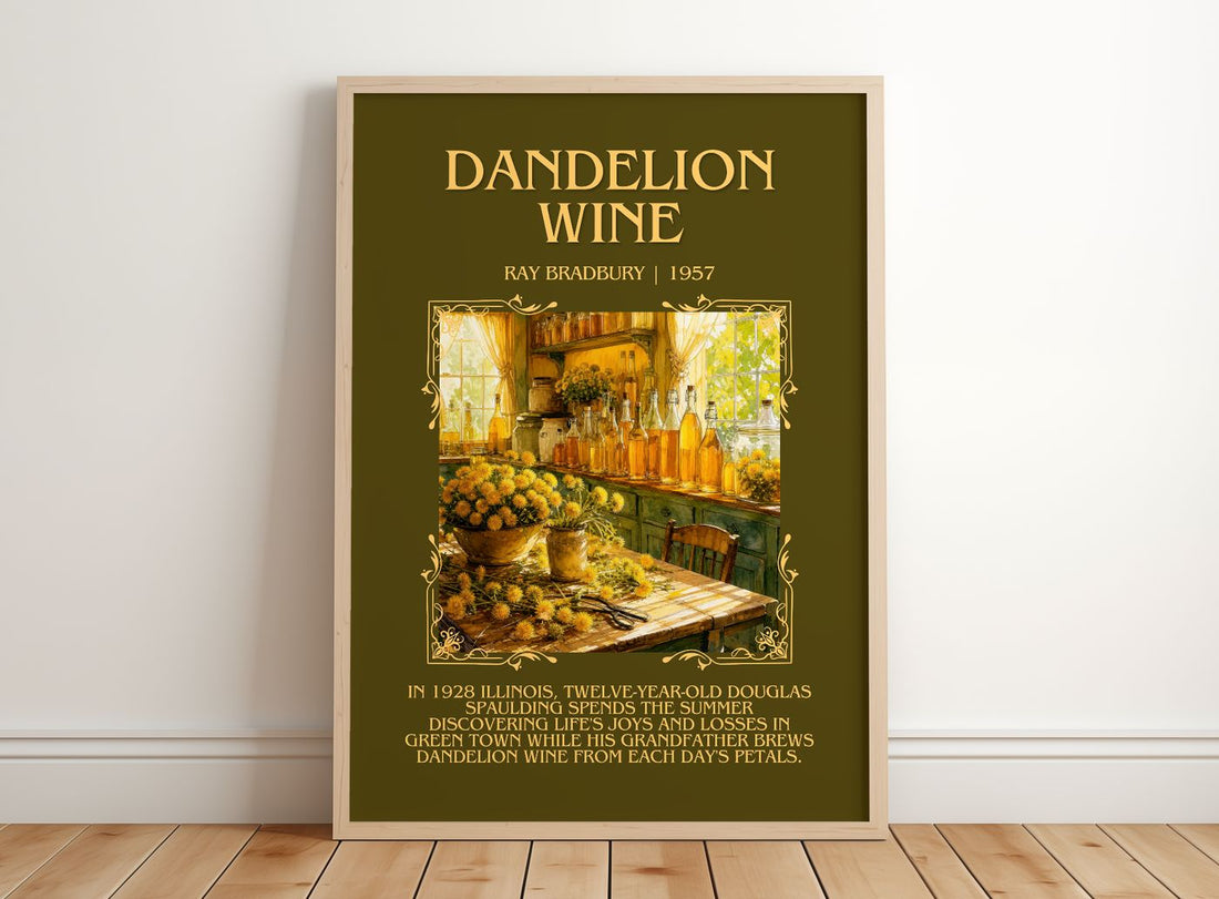 Dandelion Wine Minimalist Book Poster by Ray Bradbury – framed print leaning on a wooden floor