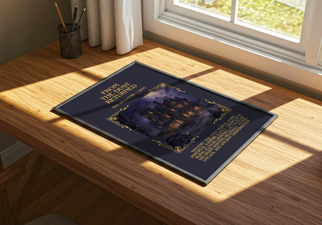 From The Dust Returned Minimalist Book Poster by Ray Bradbury – print on a sunlit desk
