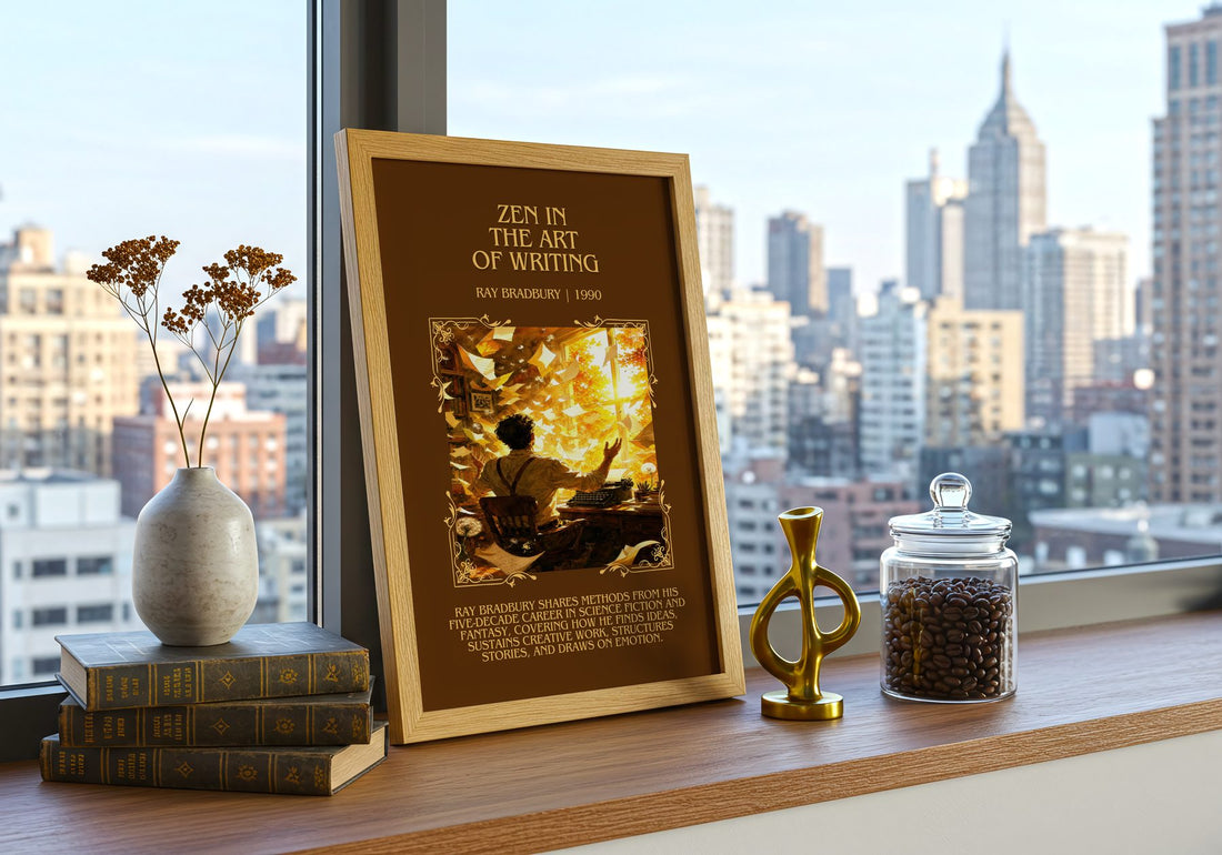 Zen In The Art Of Writing Minimalist Book Poster by Ray Bradbury – framed print on a city-view windowsill