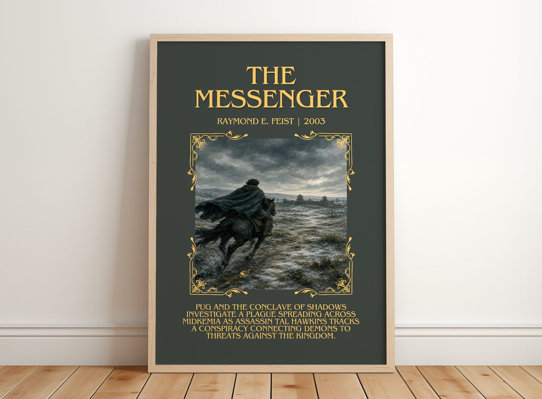 The Messenger Minimalist Book Poster by Raymond E. Feist – framed print leaning on a wooden floor