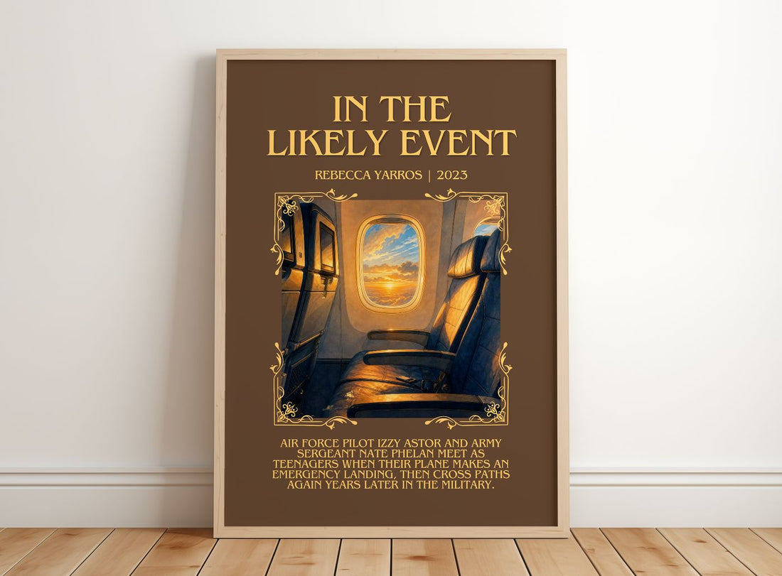 In The Likely Event Minimalist Book Poster by Rebecca Yarros – framed print leaning on a wooden floor