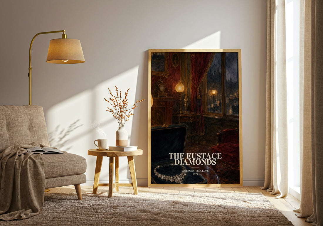 The Eustace Diamonds watercolour print in frame leaning in hallway – classic literature wall art (mockup)
