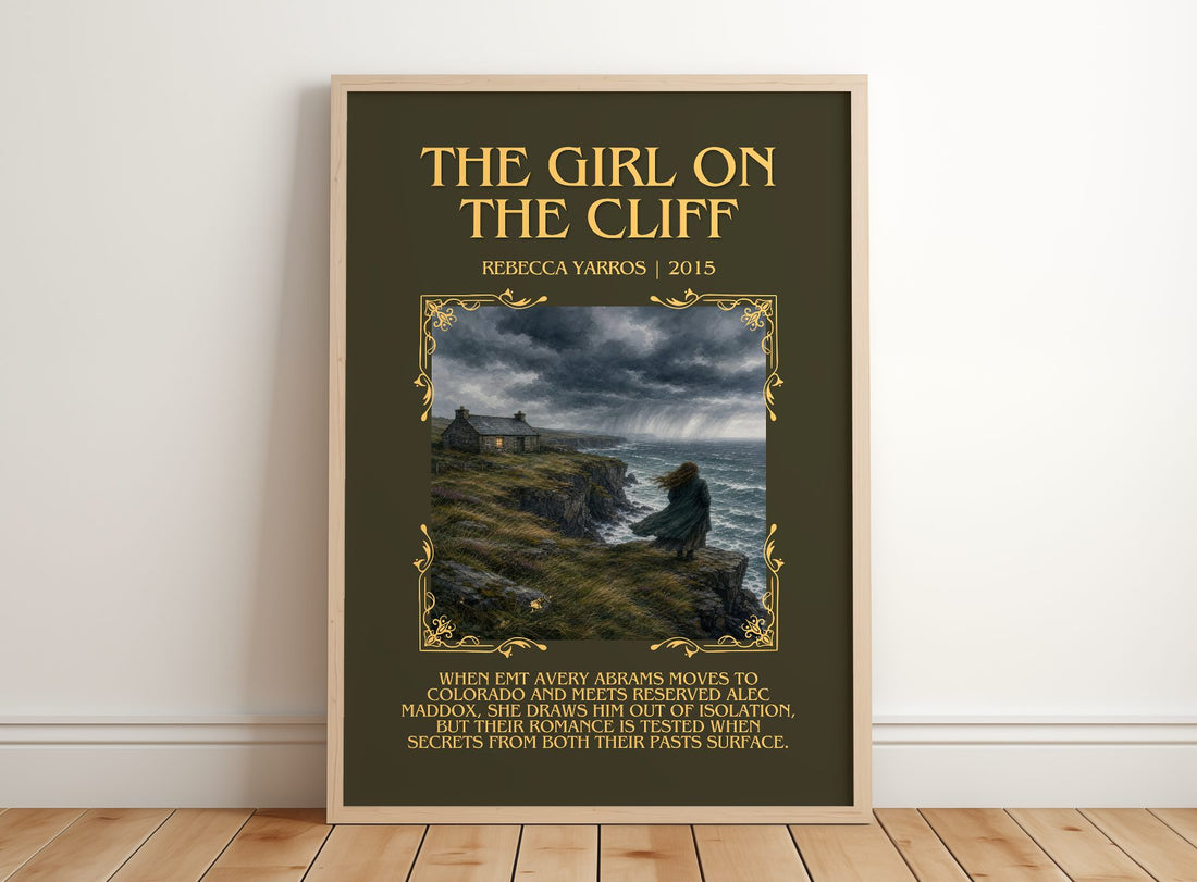The Girl On The Cliff Minimalist Book Poster by Rebecca Yarros – framed print leaning on a wooden floor