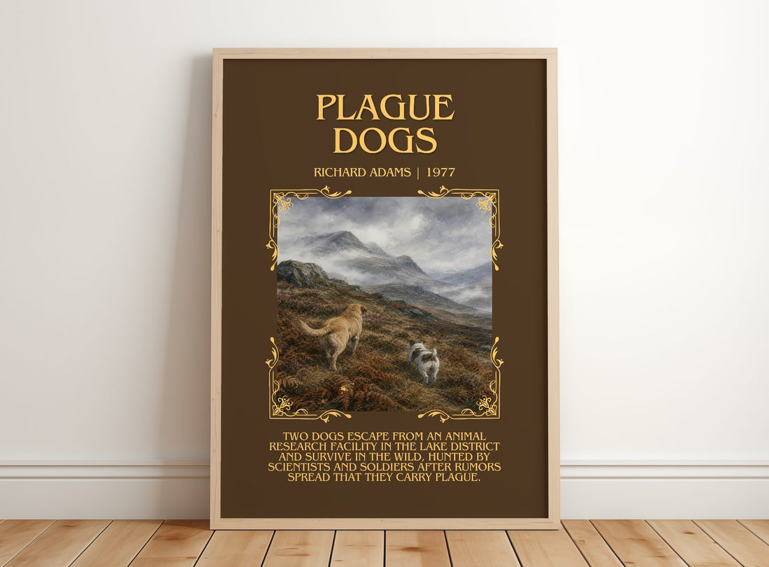 Plague Dogs Minimalist Book Poster by Richard Adams – framed print leaning on a wooden floor