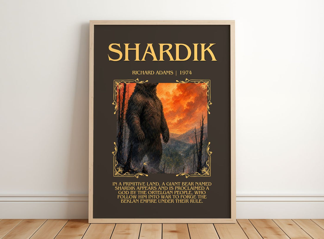 Shardik Minimalist Book Poster by Richard Adams – framed print leaning on a wooden floor