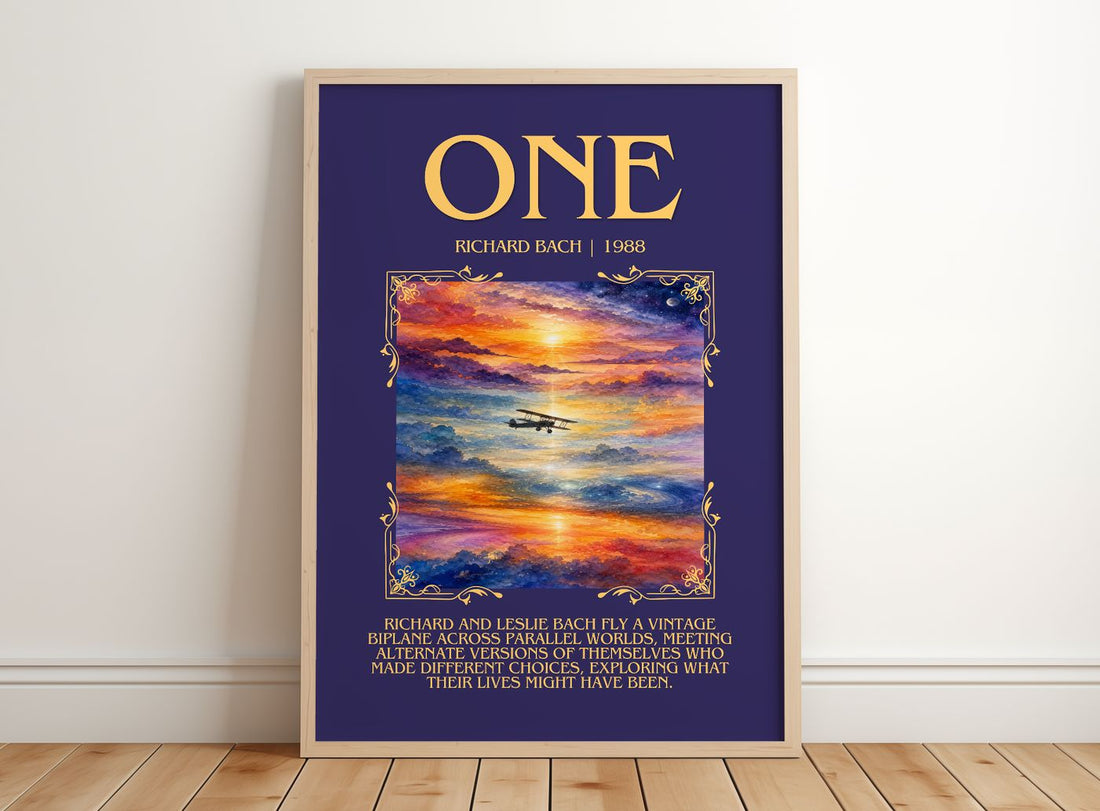 One Minimalist Book Poster by Richard Bach – framed print leaning on a wooden floor