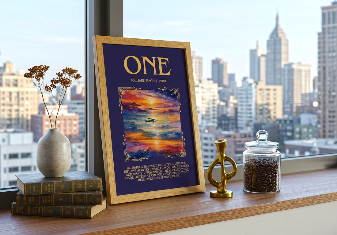 One Minimalist Book Poster by Richard Bach – framed print on a city-view windowsill