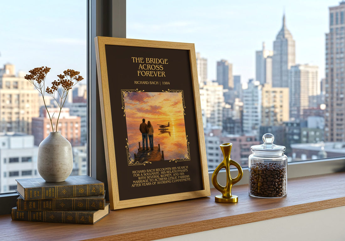 The Bridge Across Forever Minimalist Book Poster by Richard Bach – framed print on a city-view windowsill