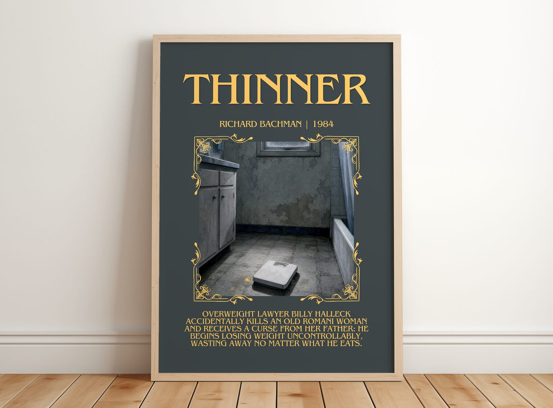 Thinner Minimalist Book Poster by Richard Bachman – framed print leaning on a wooden floor