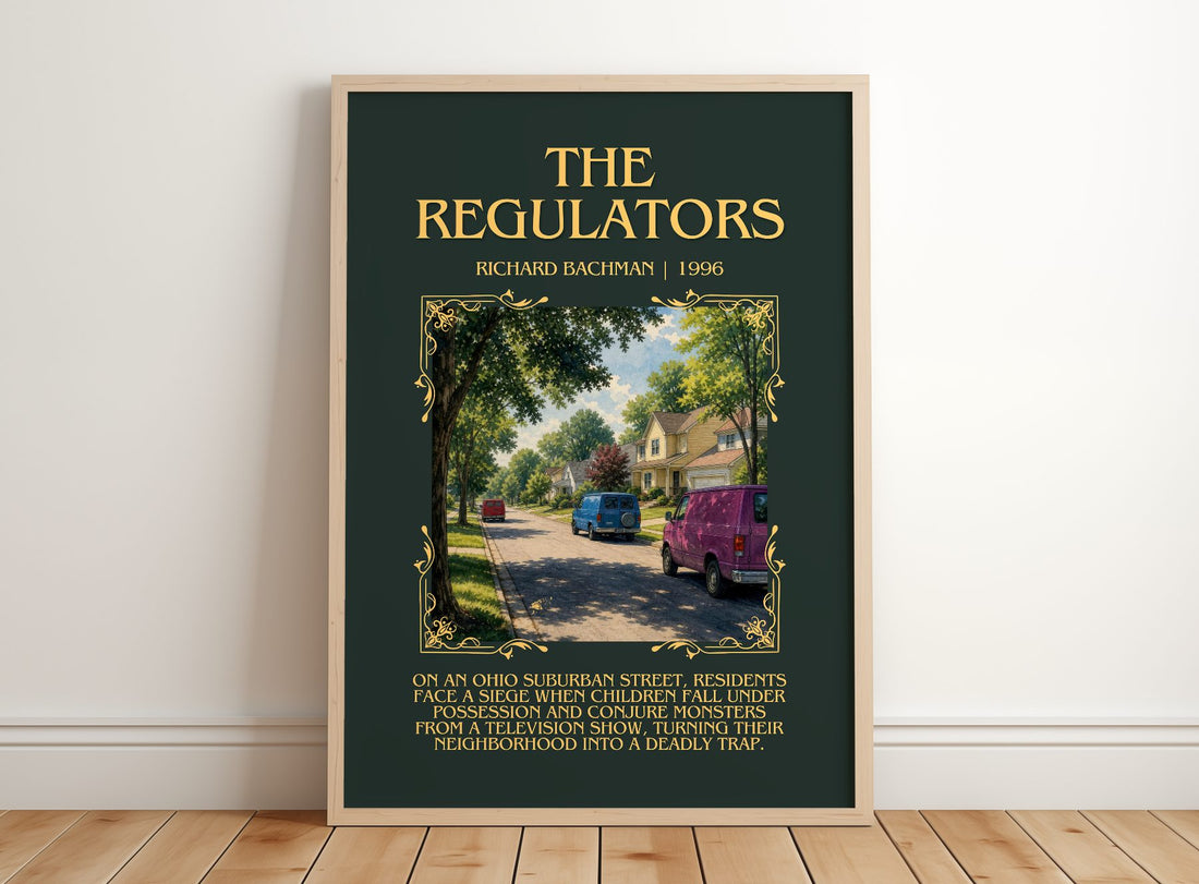 The Regulators Minimalist Book Poster by Richard Bachman – framed print leaning on a wooden floor