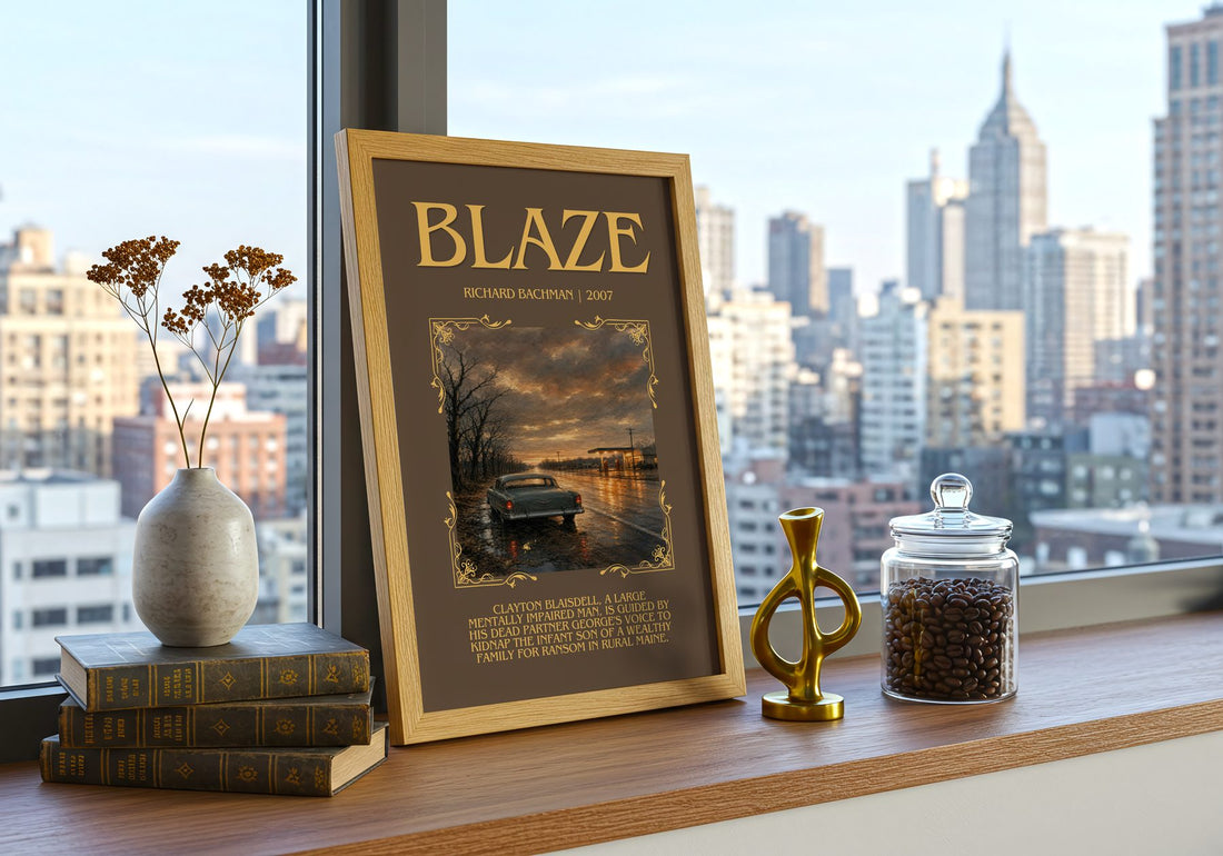 Blaze Minimalist Book Poster by Richard Bachman – framed print on a city-view windowsill