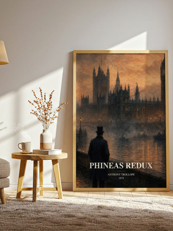 Phineas Redux watercolour print in frame leaning in hallway – classic literature wall art