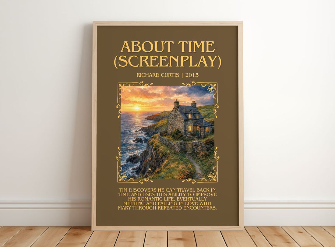 About Time (Screenplay) Minimalist Book Poster by Richard Curtis – framed print leaning on a wooden floor