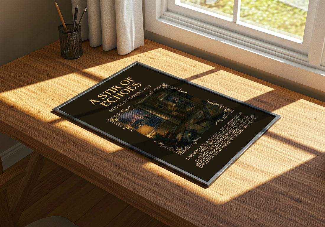 A Stir Of Echoes Minimalist Book Poster by Richard Matheson – print on a sunlit desk