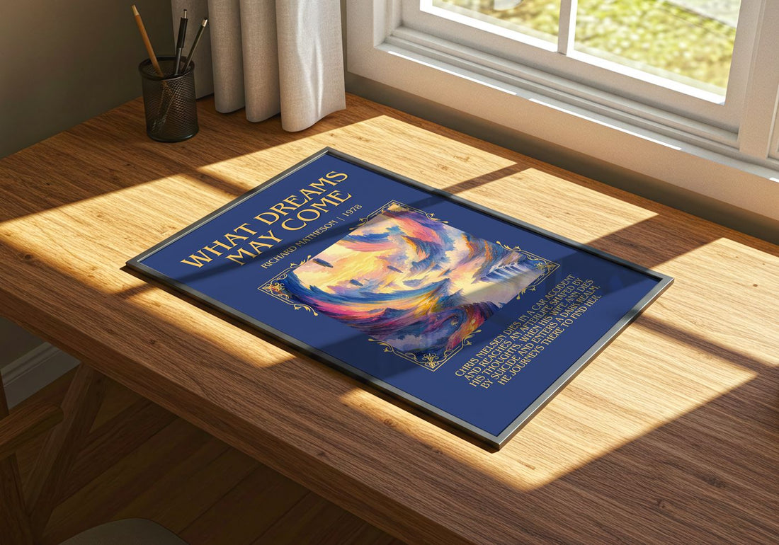 What Dreams May Come Minimalist Book Poster by Richard Matheson – print on a sunlit desk