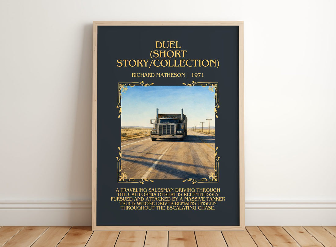 Duel (Short Story/Collection) Minimalist Book Poster by R. Matheson – framed print leaning on a wooden floor