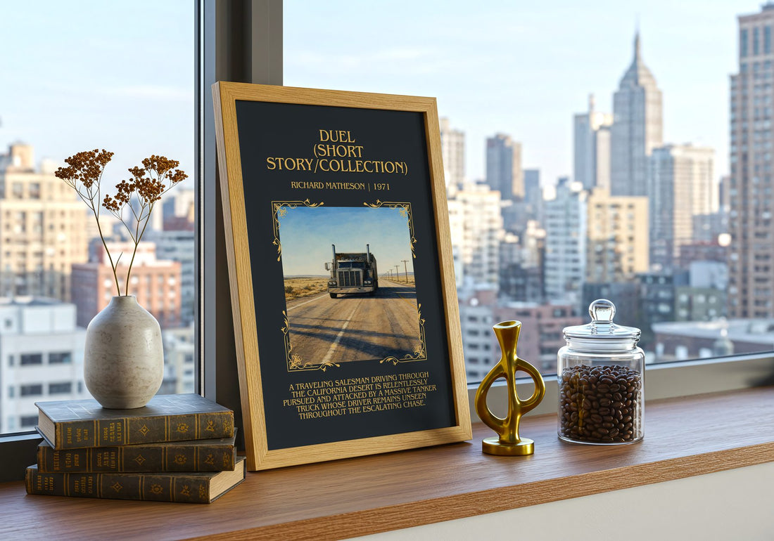 Duel (Short Story/Collection) Minimalist Book Poster by R. Matheson – framed print on a city-view windowsill