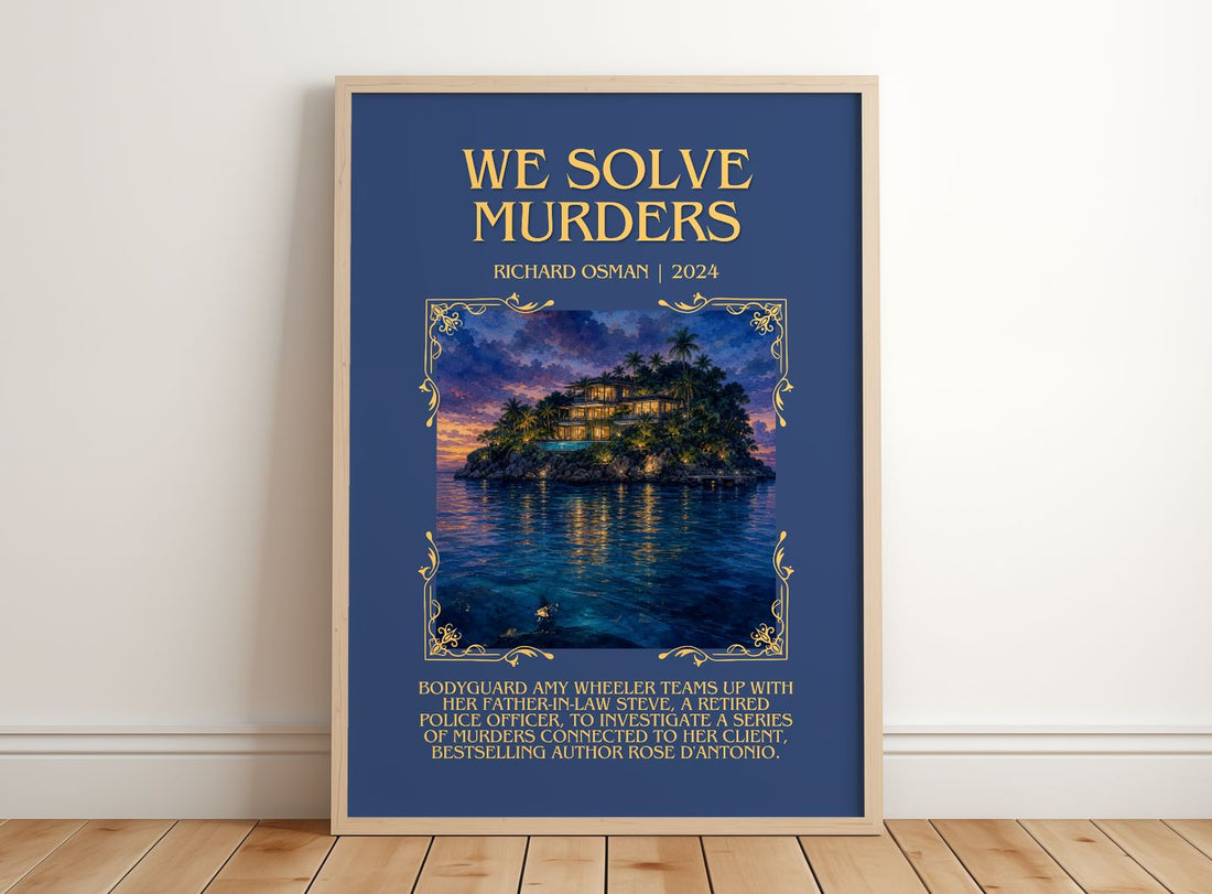 We Solve Murders Minimalist Book Poster by Richard Osman – framed print leaning on a wooden floor