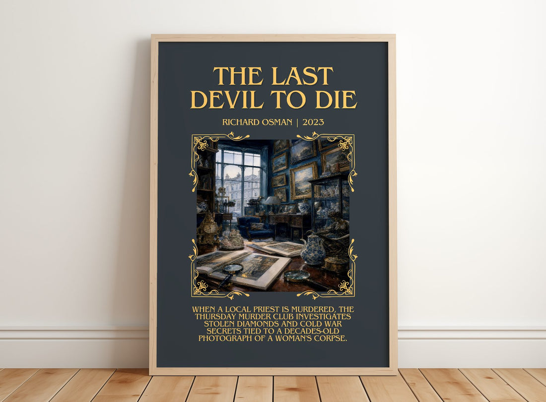 The Last Devil To Die Minimalist Book Poster by Richard Osman – framed print leaning on a wooden floor